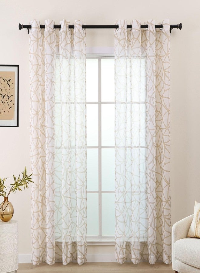 L.Z.E White Beige Sheer Curtains 84 Inches Long 2 Panels Set, Linen Look Transparent Geometric Patterned Curtains for Living Room Bedroom, See-Through Abstract Printed Window Drapes with Grommet - Image 1